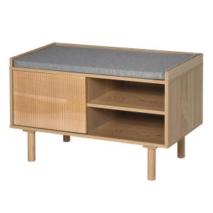 HOMCOM Mobilier Suport pentru pantofi din Lemn cu Banca capitonata, Polita si Dulapior, Culoare Naturala si Gri, 80x40x49,5 cm | Aosom Romania