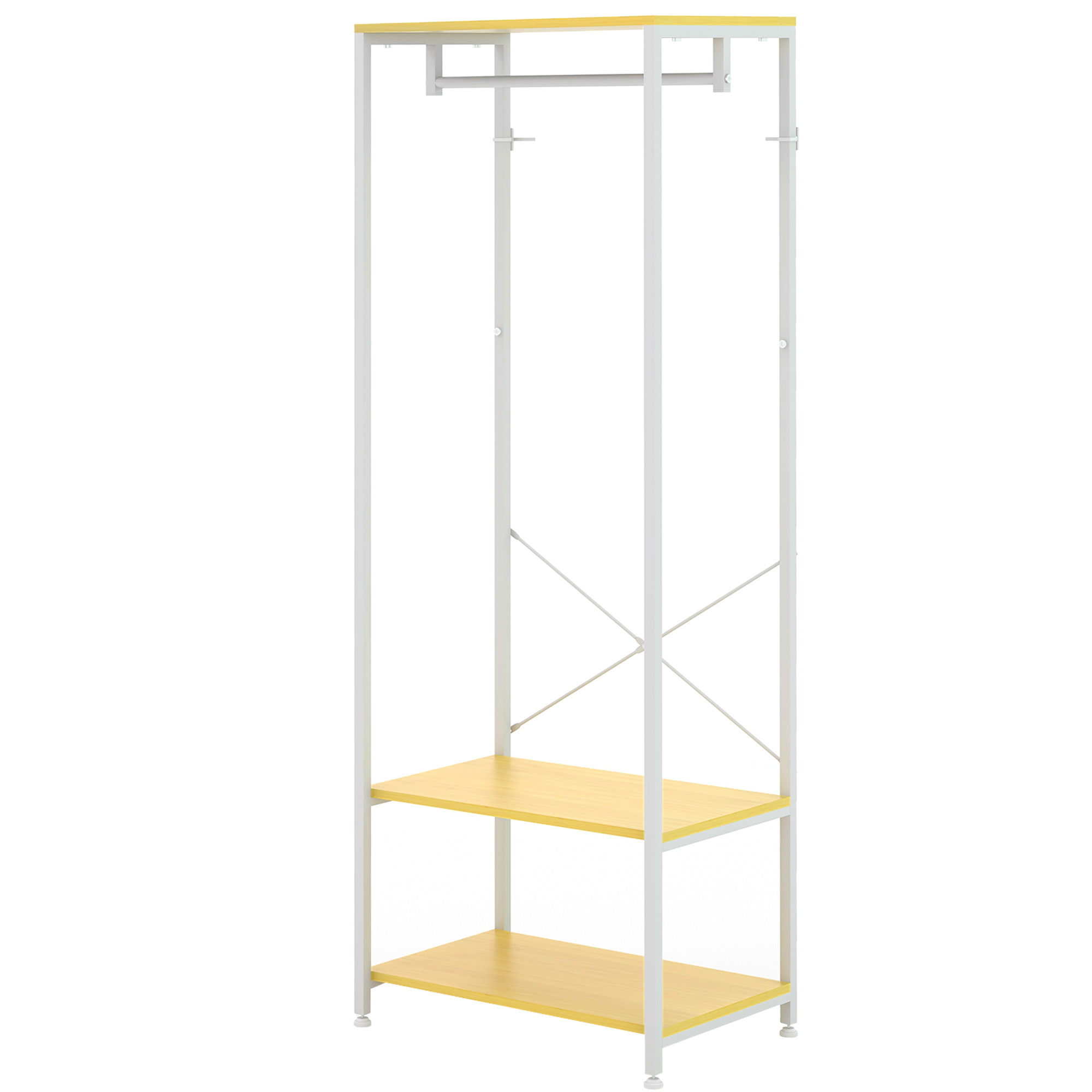 HOMCOM Suport 2 în 1 pentru Haine cu Depozitare Pantofi, Arbore Hol Liber cu Sină Suspendată și 2 Rafturi de Depozitare, 60x40x167.5 cm, Natural