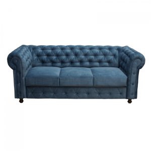 Canapea CHESTERFIELD fixa, 3 locuri, cu arcuri, albastru, 205x90x80 cm