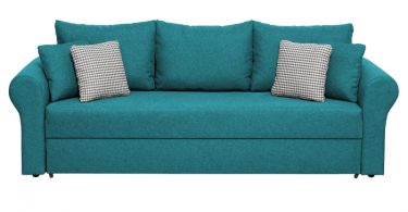 Canapea SARA II extensibila, 3 locuri, cu lada depozitare, turcoaz + print MZ mini bleu, 235x90x75 cm