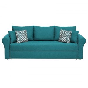 Canapea SARA II extensibila, 3 locuri, cu lada depozitare, turcoaz + print MZT bleu, 235x90x75 cm