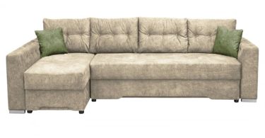 Coltar AMSTERDAM III extensibil, cu arcuri si lada depozitare, colt dreapta, gri + galben, 285x150x90 cm