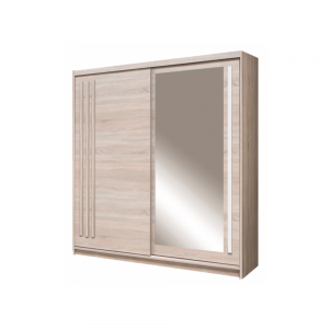 Dulap EF2-150, usi glisante, 6 rafturi, bara de haine, oglinda, sonoma + alb, 150x59x215 cm