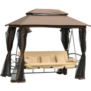 Outsunny Balansoar 3 Locuri de Gradina Convertibil in Pat cu Foisor, cu Plasa Impotriva Tantarilor si Perne, 257x175x240cm Bej | Aosom Romania