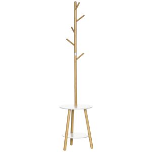 HOMCOM Set Cuier și Măsuță de Cafea Rotundă, pentru Hol, din MDF și Aluminiu, 39,5x39,5x171 cm, Culoare Lemn și Alb | Aosom Romania