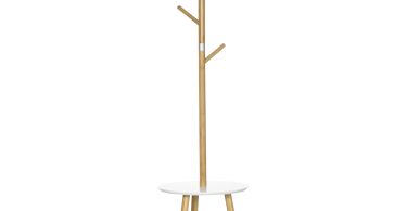 HOMCOM Set Cuier și Măsuță de Cafea Rotundă, pentru Hol, din MDF și Aluminiu, 39,5x39,5x171 cm, Culoare Lemn și Alb | Aosom Romania