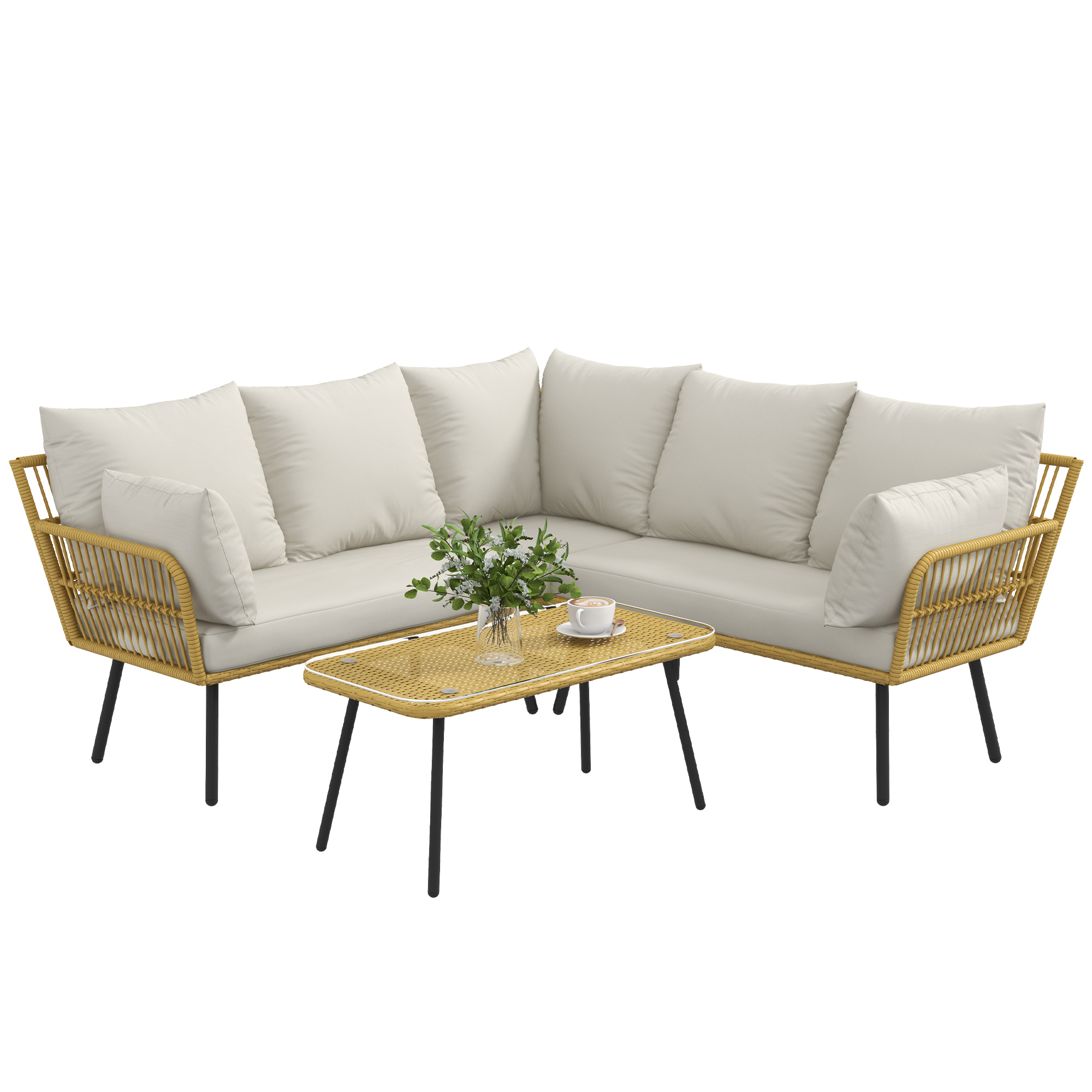 Outsunny Set de Mobilier de Gradina din Ratan din PE cu 4 Piese cu Canapea de Colt, Masuta de Cafea, Set de Scaune Rabatabile pentru Terasa cu Perne