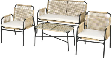 Outsunny Set din 4 Piese pentru Exterior cu Canapea cu 2 Locuri și 2 Fotolii cu Perne, Măsuță de Cafea din Sticlă, 110x65x74 cm, Galben