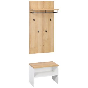 HOMCOM Mobilier Multifuncțional de Hol, cu Suport pentru Pantofi, Bancă și Suport de Haine cu 4 Cârlige, din PAL și Oțel, 60x28x120 cm | Aosom Romania